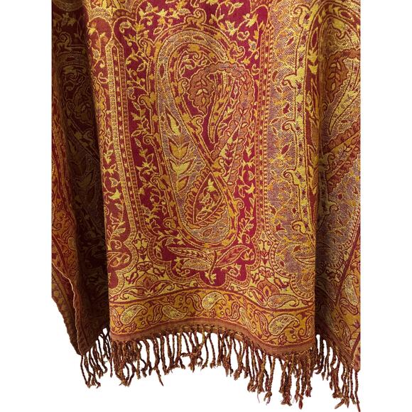 Other Accessories - Red Gold Wool Silk Scarf Vintage 70” Long 28” Wide Fringe Shaw Wrap Boho Classic
